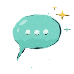 A watercolour teal speech bubble with three dots and sparkles.