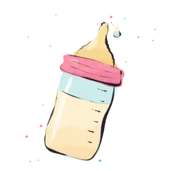 A watercolour baby bottle, a drop of milk falling from the teat.