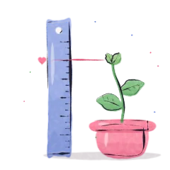 A watercolour seedling in a pot beside a height chart, its height marked in pink.