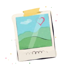 A watercolour instant photo of green hills, with a pink heart drawn on it.