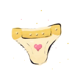 A watercolour cloth nappy with snaps and a small stitched heart.