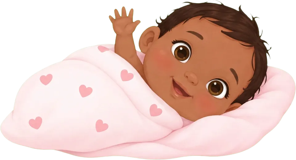 Illustration of a baby waving from under a pink heart blanket.
