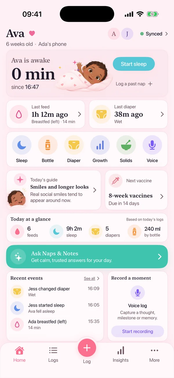 One parent's phone: the home screen shows the baby is awake, with feeds, nappies and recent events logged by both parents.