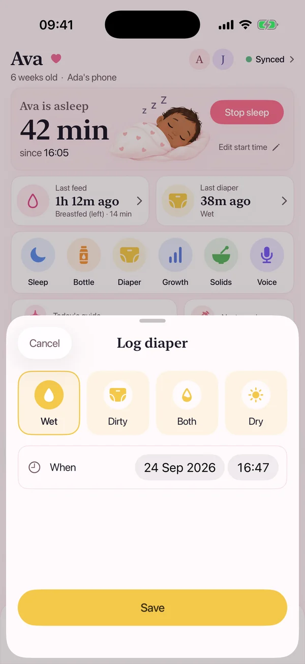 The other parent's phone: logging a wet nappy with a single tap.