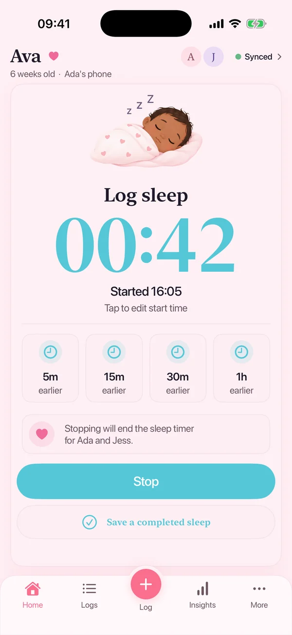 The live sleep timer showing 00:42, with a Stop button and shortcuts to backdate the start time.